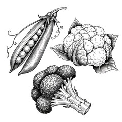vegetable set. black and white ink style