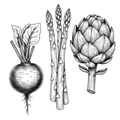 Set of Vegetables in Ink Style