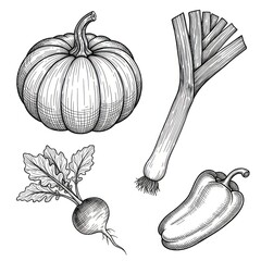 Set of Vegetables in Ink Style