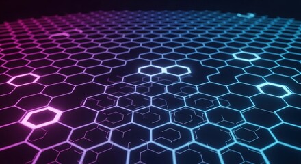 Naklejka premium A futuristic honeycomb grid pattern with glowing neon lights in shades of pink and blue on a dark background