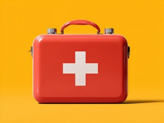 Obraz premium A bright red first aid kit with a white cross stands out against a vibrant yellow background, symbolizing health and emergency readiness. Ideal for promoting safety awareness and preparedness.