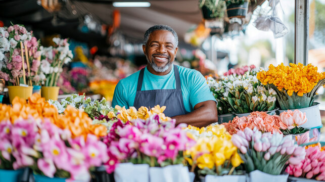Smiling African American Florist in His Vibrant Market Stall, Joyfully Surrounded by Abundance of Fresh, Colorful Flowers
