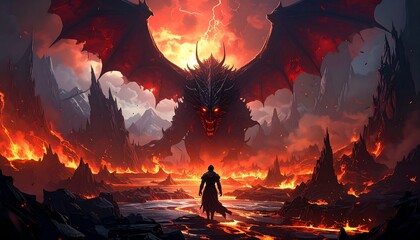 Fiery dragon, ominous landscape, lone figure