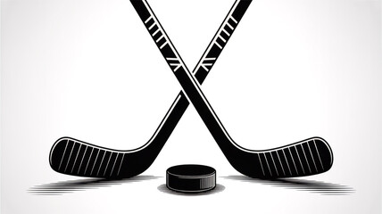A black and white illustration of two crossed hockey sticks positioned diagonally across each other, with a black hockey puck placed beneath them.