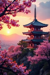 Naklejka premium Pink cherry blossoms frame a weathered pagoda at sunset, memorable, historical, phenomenal