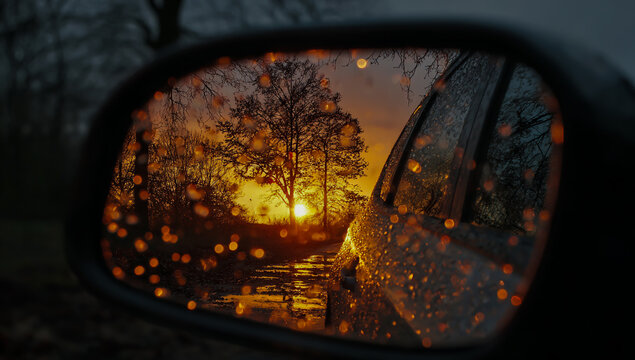 Fototapeta Reflection of a vibrant sunset over water seen in a car s side mirror