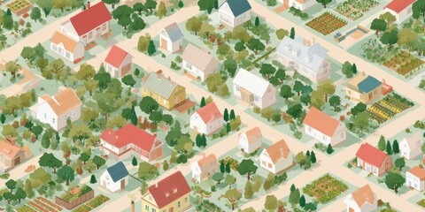 Obraz premium Colorful houses with landscaped gardens fill this suburban neighborhood, showcasing a blend of greenery and floral beauty, all arranged along winding streets in a lively atmosphere.