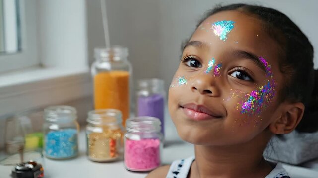 Happy child with colorful glitter face paint smiling and blinking in cinematic closeup video joyful kids portrait with sparkling light for creative festival celebration and lifestyle content