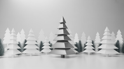 Minimalist White Christmas Trees in Abstract Winter Forest for Modern Holiday Design and Seasonal Background Concepts