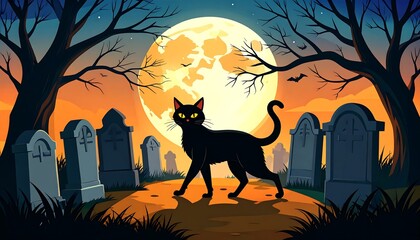 A black cat stands in a spooky graveyard under a full moon