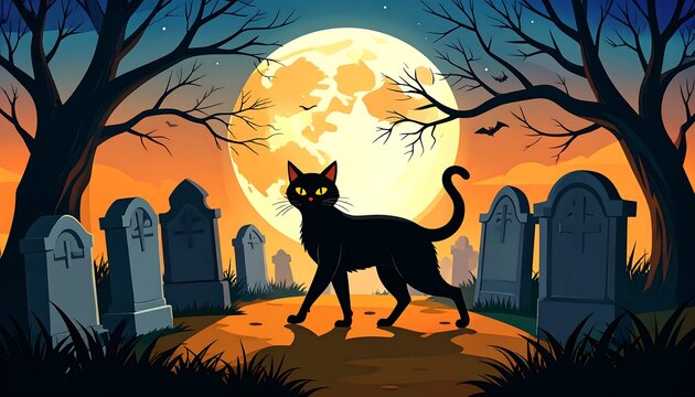 A black cat stands in a spooky graveyard under a full moon