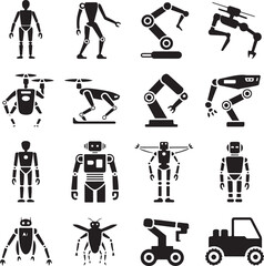 Robot and Android Icons Set Silhouette cyborg machine