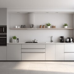 A contemporary kitchen showcases a clean layout with gray cabinetry and stainless steel appliances. Plants add freshness, creating a functional and inviting cooking space.