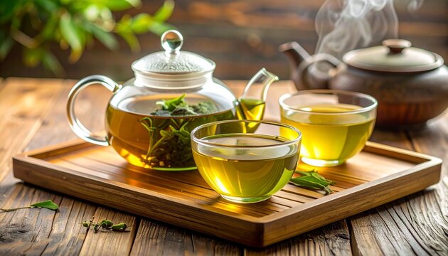 Still life of a tea set with two cups on a wooden tray on a rustic table with warm tones.