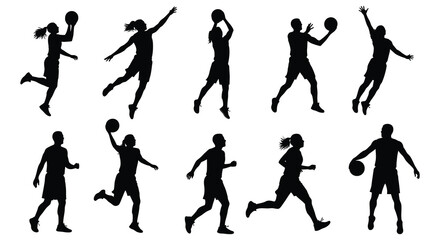 basketball players in various action poses during game