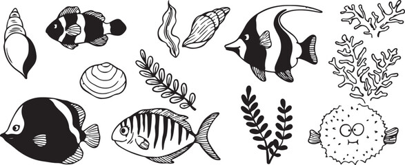 Obraz premium Beach and Marine Life Doodles with Nautical Theme, Black and White, Whimsical Design, Playful, Artistic, Illustrated, Expressive, Unique, Simple, Oceanic, Coastal, Nautical, Marine-Inspired, Serene, U