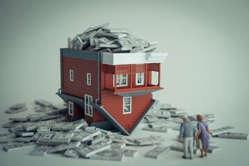 Senior couple looking at house flipped over with heap US banknotes. Reverse mortgage concept....