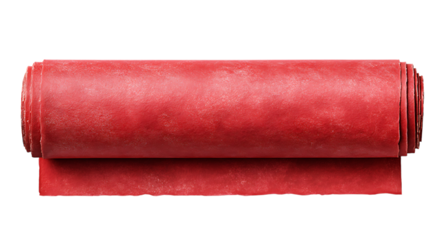 A roll of red linoleum is lying on a transparent background isolated on transparent background.