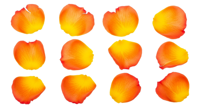Orange rose petals isolated on transparent background for Valentine’s Day floral decor and design elements.