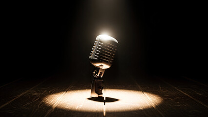 Microphone on stage for performance, with light focusing on music microphone. Retro microphone on stage, perfect for live music events or comedy nights, shining with silver color.