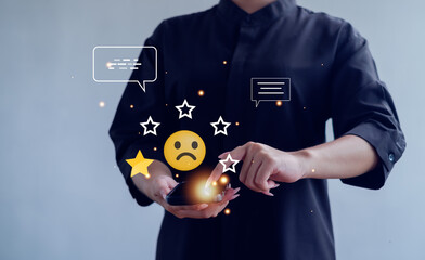  Unhappy Businessman Client with Sadness Emotion Face on virtual screen, Bad review, Customer...