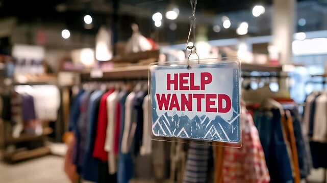 A HELP WANTED sign hangs in a clothing store, with a blurred background suggesting a bustling retail environment.