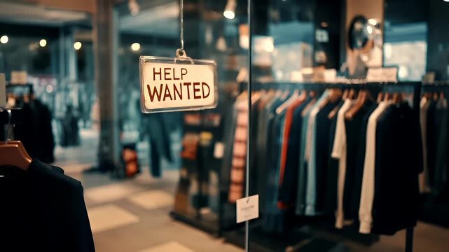 A HELP WANTED sign hanging in a clothing store window, with a blurred background of people walking by.