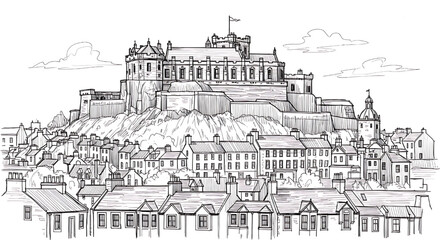 Hand-drawn sketch of Edinburgh Castle in Edinburgh, Scotland. A detailed black and white illustration of the historic fortress on Castle Rock.