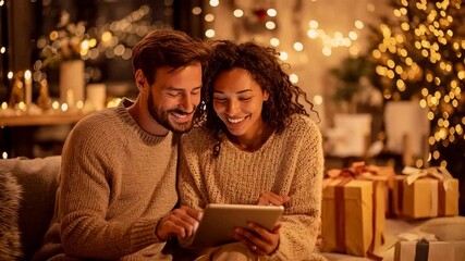 Couple Looking at Gift Ideas on a Tablet in a Cozy Living Room - Powered by Adobe
