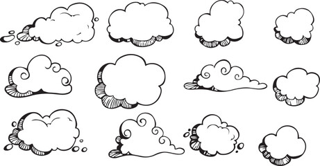 Charming Cloud Doodles with Whimsical Style, Black and White, Fun, Playful, Artistic, Creative, Simple, Illustrated, Expressive, Unique, Lighthearted, Delightful, Joyful, Atmospheric, Nature-Inspired,