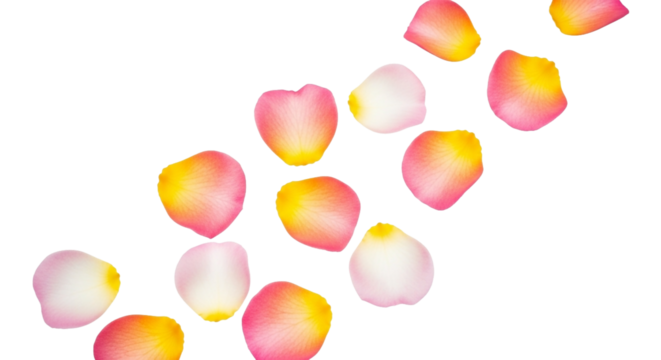 Rose petals background with pink and yellow falling petals, floral design element, and wedding decor isolated on transparent background.