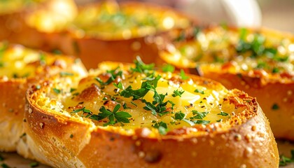 Close-up of garlic bread rolls topped with melted cheese and parsley on a blurred background
