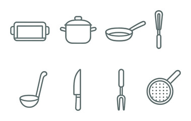 Kitchen utensils outline: cutting board, pot, pan, whisk, ladle, knife, fork, strainer