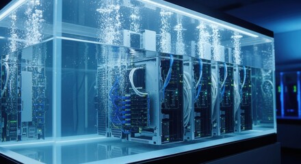 Side perspective of a transparent immersion cooling tank filled with servers illustrating how liquid cooling maintains optimal performance and reduces overheating risks.