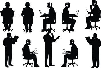 Call center silhouettes, office workers, customer support, laptop users, headset communication, teamwork, business meeting, corporate workplace scene