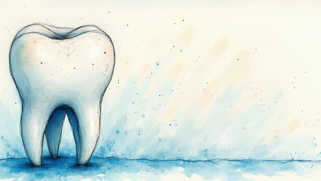 Tooth art on watercolor background of dental clinic with clean tooth. Tooth art and health education concept for presentations, posters and informational resources.