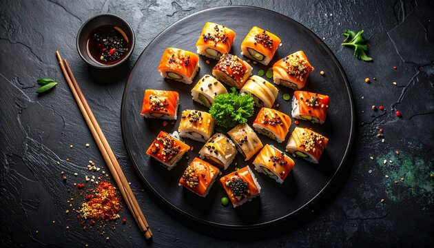 Top-down view of assorted sushi rolls on a black plate with chopsticks and spices on a dark background.