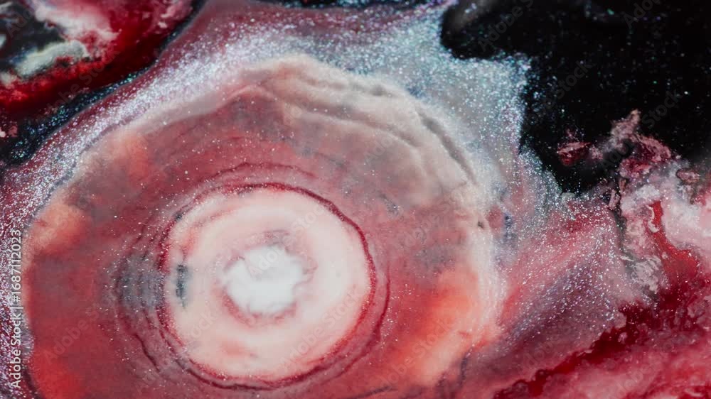 Poster bright ink spreading hypnotically in a dense fluid. macro close-up.