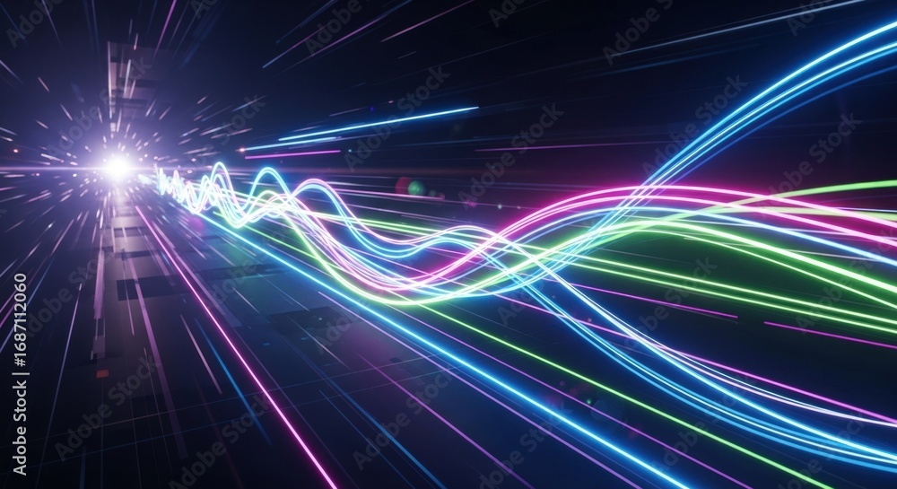 Poster a futuristic tunnel with bright light at the end and colorful neon lines flowing through the space