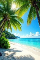 Fototapeta premium Sun-drenched palms arch over turquoise water, white sand beach , sky, sun, sea