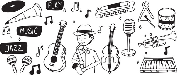 Musical Instrument Doodles with Melody Theme, Black and White, Artistic, Playful, Illustrated, Expressive, Unique, Simple, Fun, Musical, Whimsical, Joyful, Melodic, Creative, Rhythmic, Harmonious, Moo