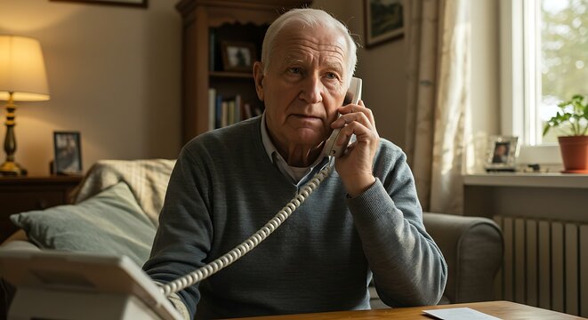 Senior man talking on corded phone