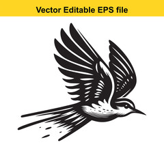 Black and white illustration of a bird in flight, isolated on white background