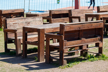 Wooden tables and benches
