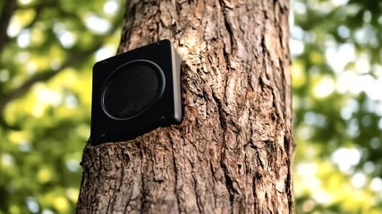 A black outdoor speaker mounted on a tree trunk, highlighting the blend of technology and nature.