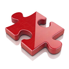 A pair of shiny red puzzle pieces fit perfectly together, forming a complete connection, isolated on a transparent background.