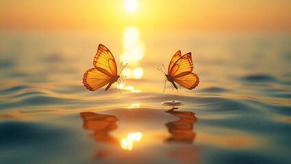 Beautiful butterflies flying over water at sunset nature photography stock image golden hour serene landscape