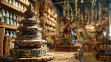 Obraz premium Medium shot emphasizing a handcrafted recycled decor centerpiece in focus with a softly blurred background of environmentally conscious store fixtures.