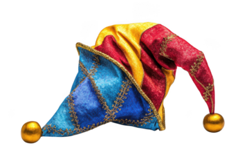 Colorful jester hat with bells, harlequin costume accessory, carnival party decoration, masquerade outfit, theatrical prop isolated on transparent background