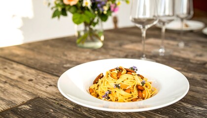 Plate of pasta with almonds and herbs on a rustic wooden table